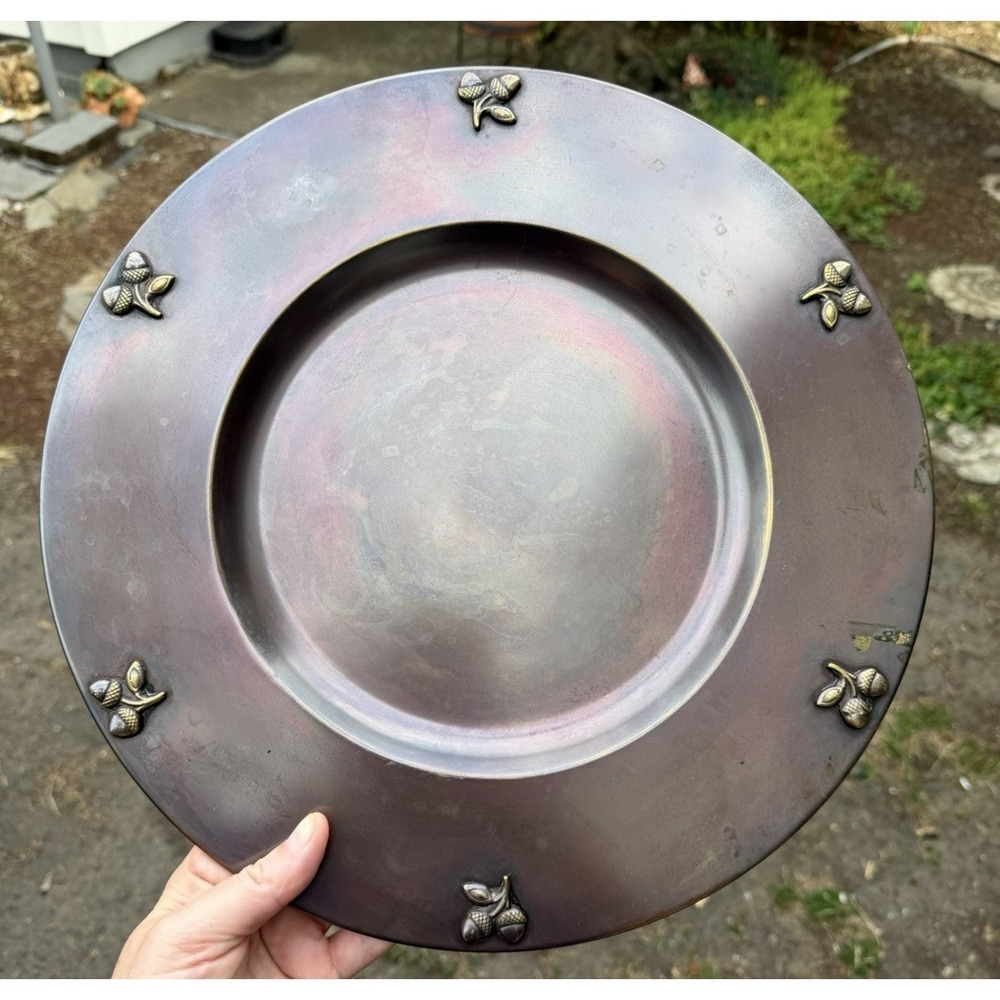 Vintage Pottery Barn Acorn Charger Plates Bronze Metal 14" Set of 4 ~ HEAVY